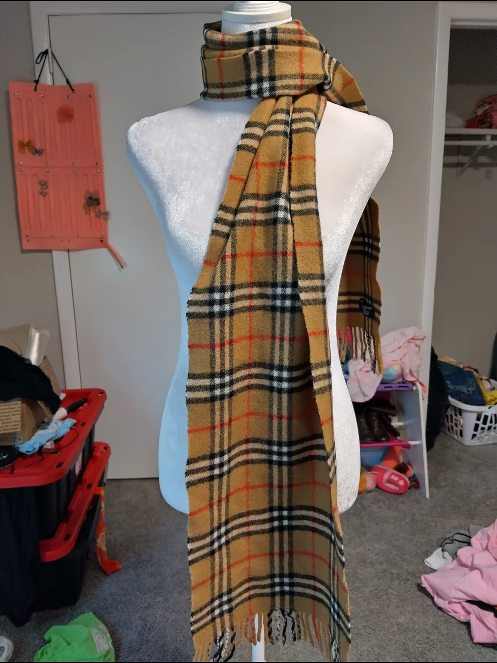 Vintage 100%,Lambswool Burberry Tan Plaid Scarf with Black, White and Red Checks